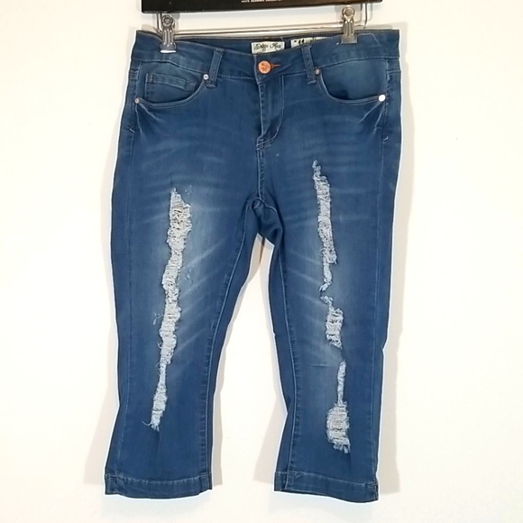 Indigo Rein Crop Distressed Blue Capris.  11 - Picture 1 of 14